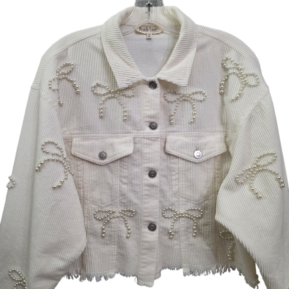 Nwot Peach Love Ivory Cordoroy Pearl Bows Cropped Raw Edge Collared Jacket - Picture 8 of 17